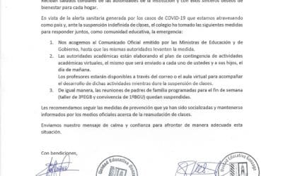Comunicado oficial para suspensión de clases